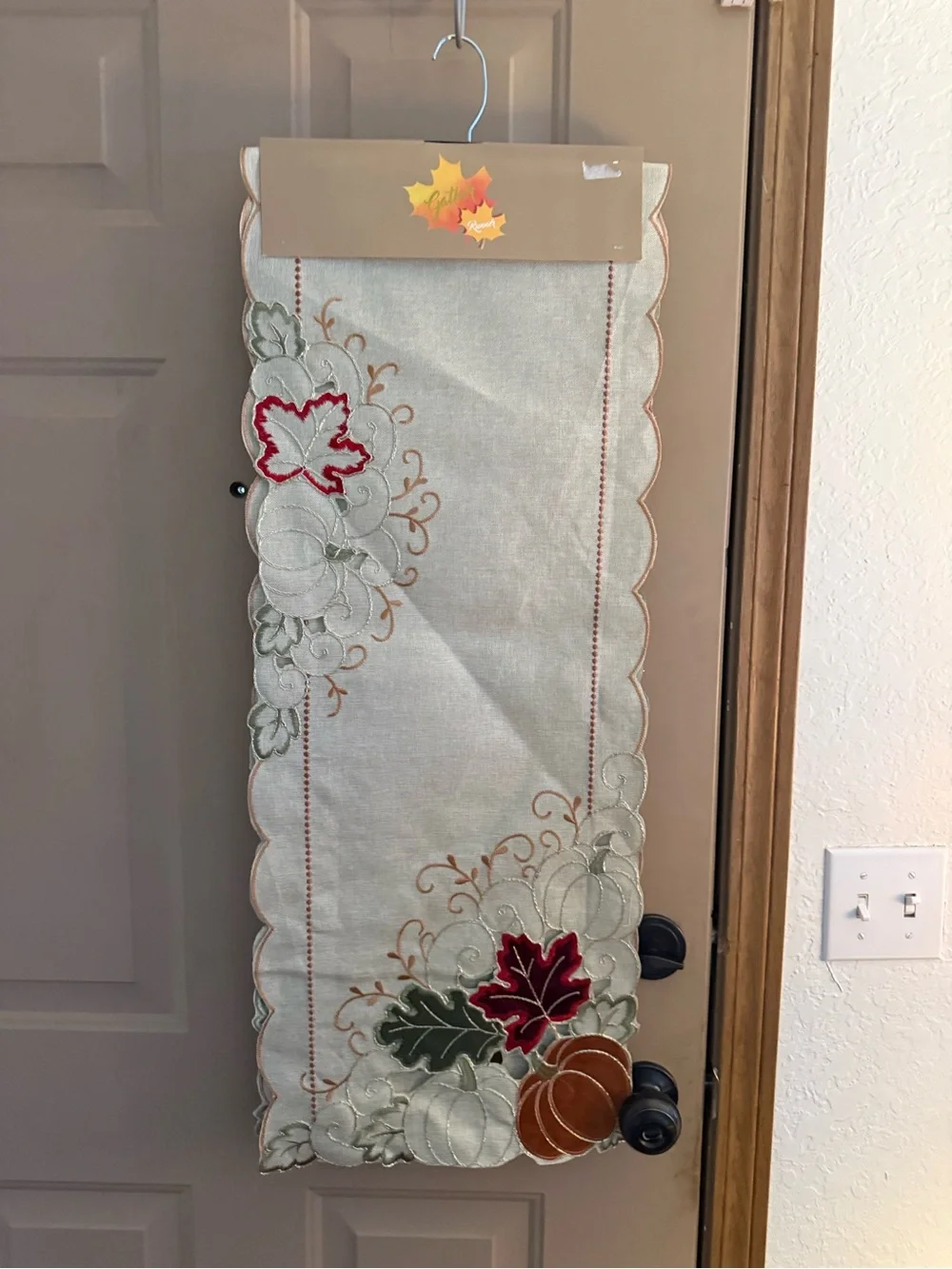 Scalloped Edge Table Runner in Cream with Rust Embroidery